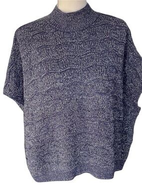 Knit Mix Blue/Silver Thread Oversize Mock Neck Drop Shoulder Sweater (L)